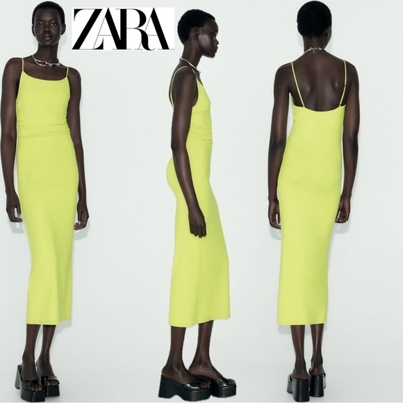 Zara lime green yellow ruched bodycon spaghetti strap maxi dress Sz L NWOT - Picture 12 of 12